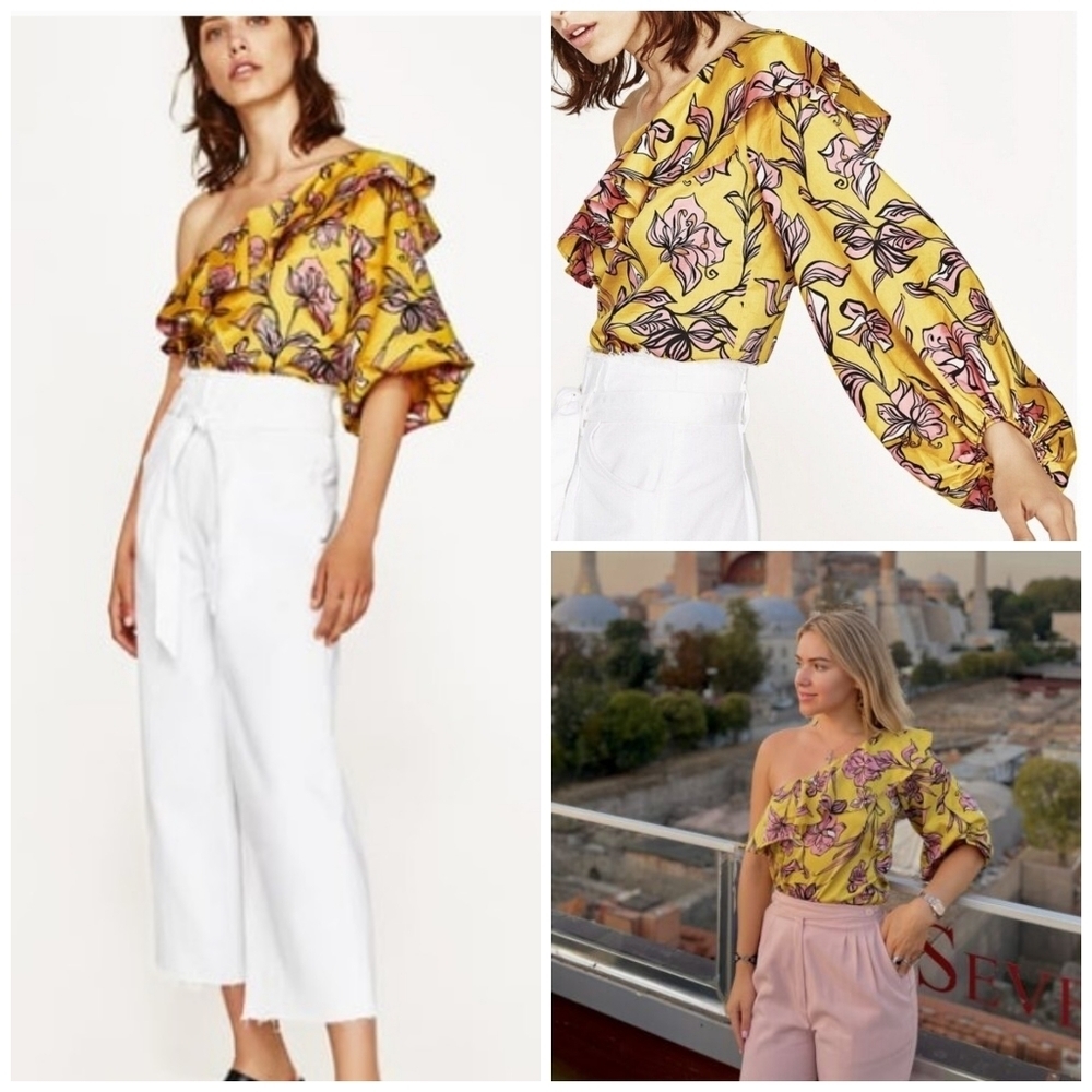 ZARA floral ruffle one shoulder bodysuit S